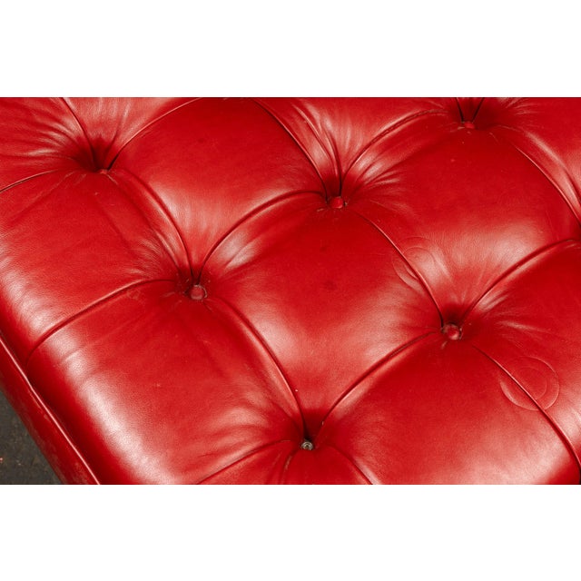 Vintage Tufted Leather Rolling Ottoman Trunk in Red For Sale In Chicago - Image 6 of 10