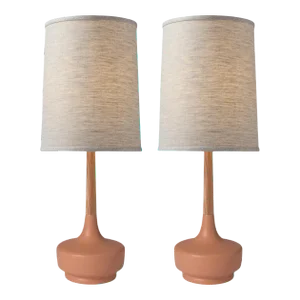 Mid-Century Table Lamp Ceramic & Oak—Brooke Desert Rose #7—Pair