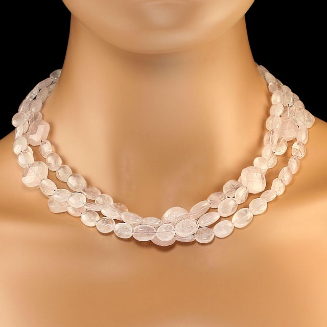 This is part of Chairish’s Costume Jewelry assortment. Three-Strand Rose Quartz Necklace – Elegant Choker or Layered Style...