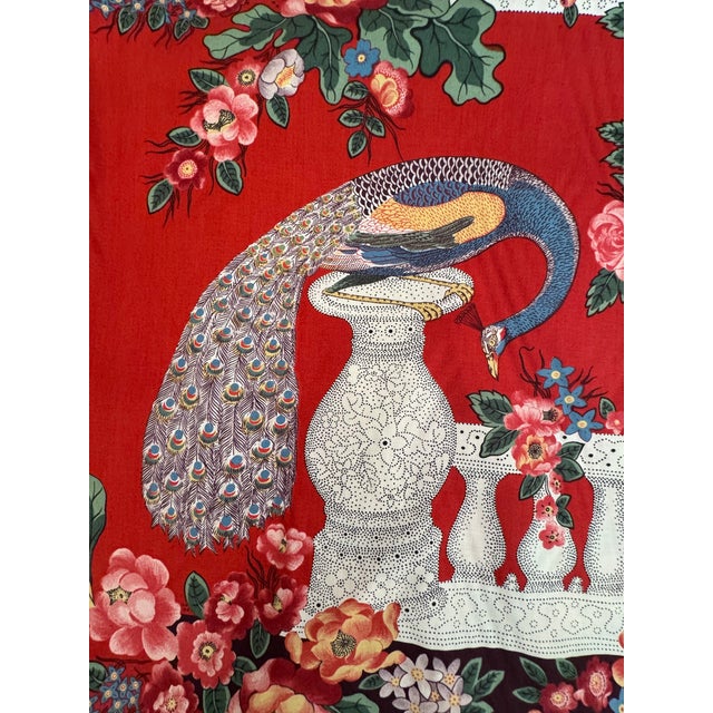 A magnificent and rare vintage Rubelli “Borromea” printed cotton textile, featuring a regal peacock set among classical...