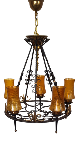 Vintage Rustic Chandelier in Wrought Iron, Brass, and Amber Glass Shades, 1970s