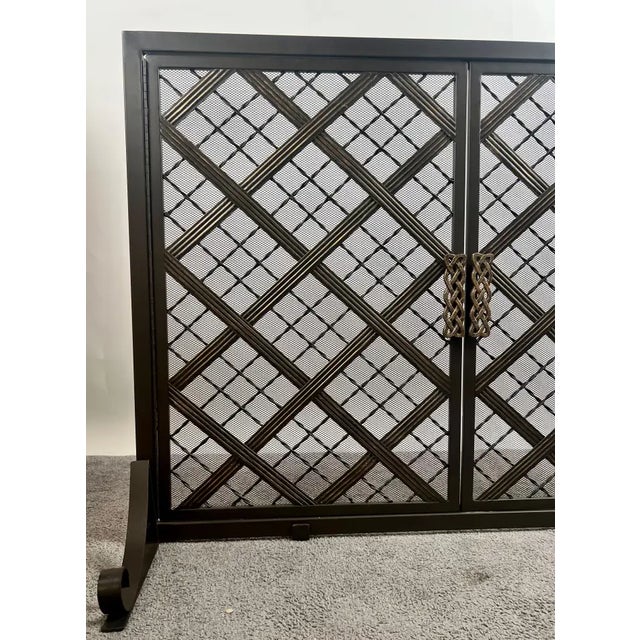 Art Deco Style Black & Bronzed Metal Two-Door & Diamond Design Fireplace Screen For Sale - Image 4 of 16