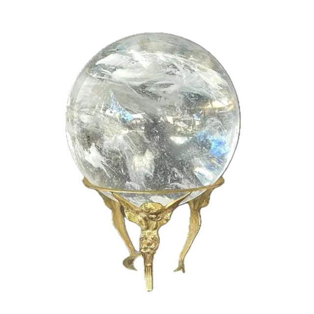 Gemstone Large Rock Crystal Quartz Sphere in Brass Angel Stand For Sale - Image 7 of 7