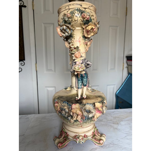 Dresden Porcelain Late 19th Century Dresden Style Converted Kerosene Lamp. One Working Lamp. For Sale - Image 4 of 11