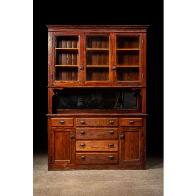 Farmhouse Early 20th Century Oxblood-Stained Step-Back Kitchen Hutch For Sale - Image 3 of 18