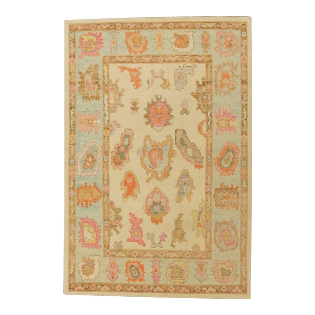 Pink & Blue Colorful Handwoven Turkish Oushak Rug 4'2" X 6'2" For Sale