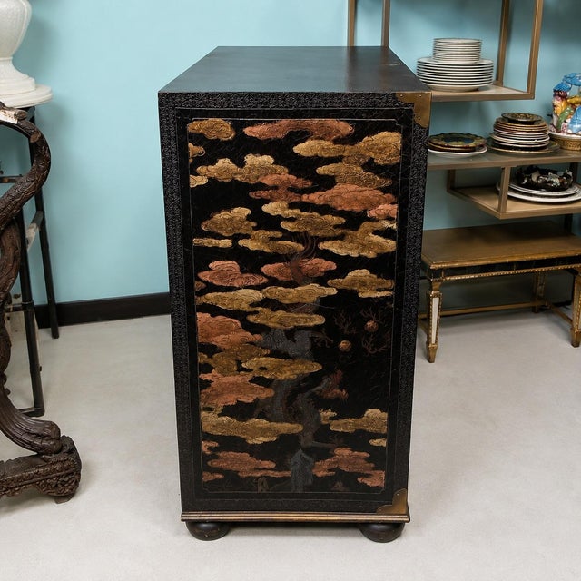 Chinoiserie Chinoiserie Black Lacquer Bar Cabinet W/ Palace Pavilion Ascending Dragon For Sale - Image 3 of 8