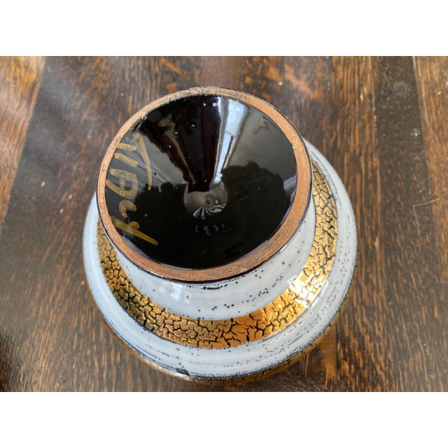Mid Century Italian pedestal bowl with speckled lava glaze crackled gold