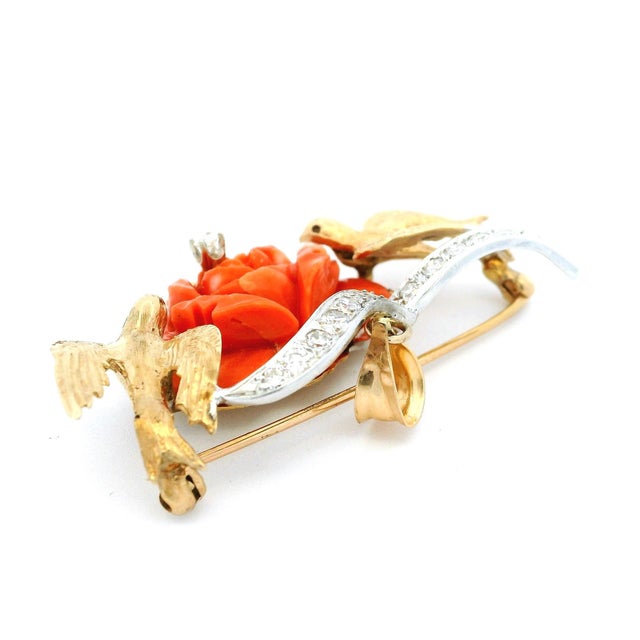 Vintage Italian 18k Gold Platinum Diamond Sardinian Coral Rose Dove Brooch Pendant For Sale In Miami - Image 6 of 9
