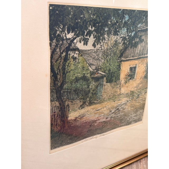 Luigi Kasimir Signed Hand-Colored Etching of Austrian Village Street, Framed, Circa 1930s For Sale - Image 9 of 11