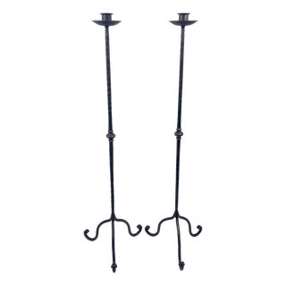 Hand Forged Iron Candelabra Pair (105cm) Antique Copper Hammered Stem with Socket and Drip Plate For Sale