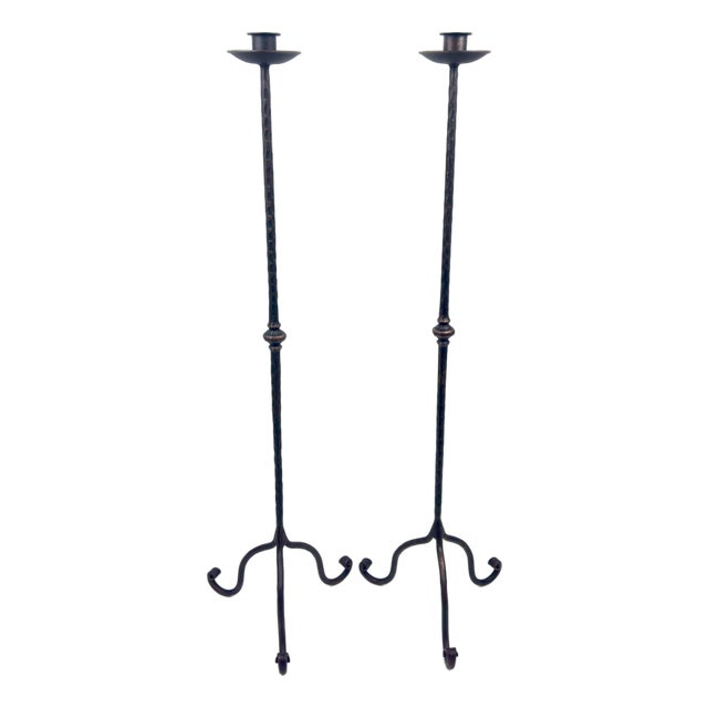 Hand Forged Iron Candelabra Pair (105cm) Antique Copper Hammered Stem with Socket and Drip Plate For Sale