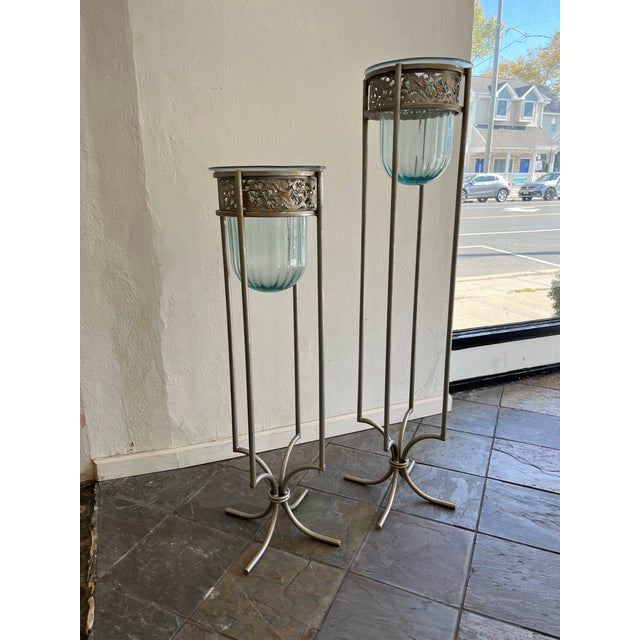 Pair of Mexican Aqua Blown Glass Vessels on Decorative Tole Metal Plant Stands For Sale In New York - Image 6 of 10