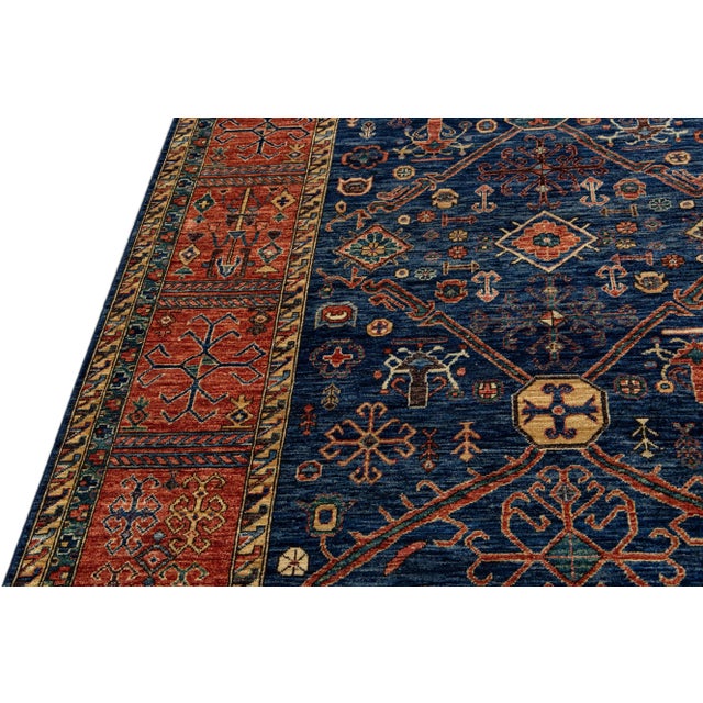 Modern Serapi Style Handmade Geometric Floral Blue and Rust Square Wool Rug For Sale - Image 4 of 11