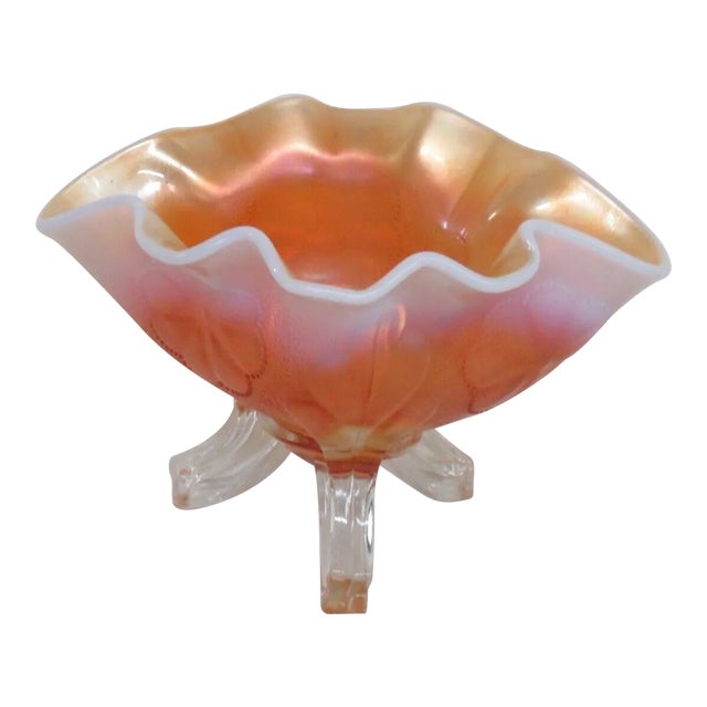Dugan Style Marigold Carnival Glass Floral Footed Candy Dish Serving Bowl For Sale