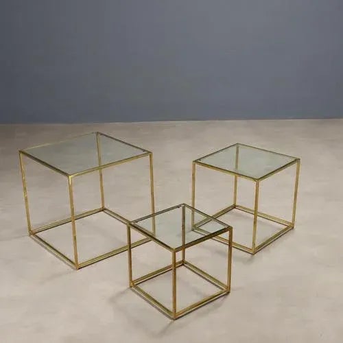Gold Vintage Coffee Tables in Brass and Glass, Italy, 1960s, Set of 3 For Sale - Image 8 of 8