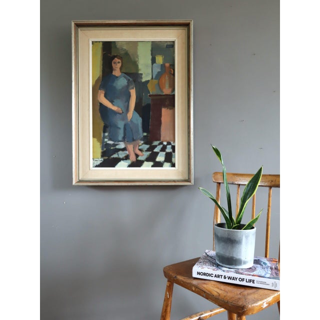 Mid-Century Modern Mid-Century Modern 'Presence in Blue' Swedish Original Figurative Interior Oil Painting, Framed For Sale - Image 3 of 13