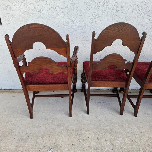 Antique English Oak Tudor Jacobean Dining Chairs 1930's Set of 4 For Sale - Image 16 of 18