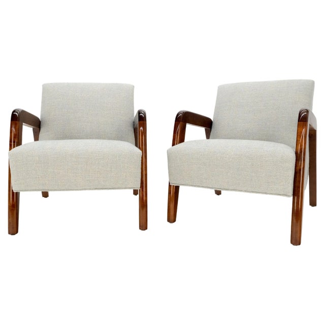 1970s New Linen Upholstery Heavy Solid Maple Frames American Lounge Chairs - A Pair For Sale - Image 5 of 12