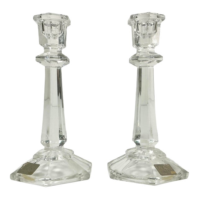 1980s Vintage Traditional Americana Hollywood Regency Mikasa Crystal Candlestick Holders - A Pair For Sale