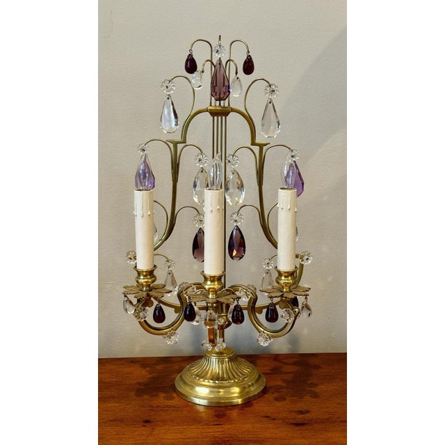 Metal Pair Antique Bronze French Amethyst Crystal Candelabra Lamp Girandoles Lyre Back For Sale - Image 7 of 8