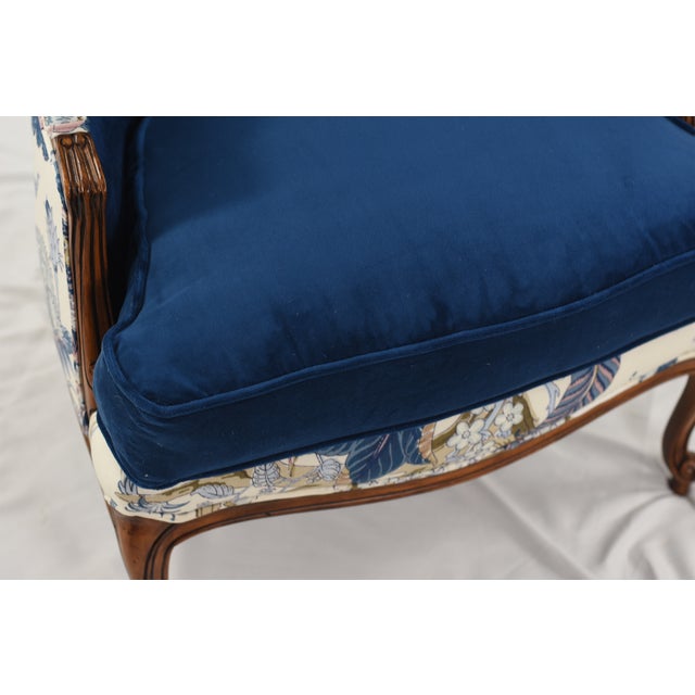 Schumacher Linen Accent Chair on Restored Vintage Ethan Allen Camille Bergere With Sapphire Velvet For Sale In Washington DC - Image 6 of 14