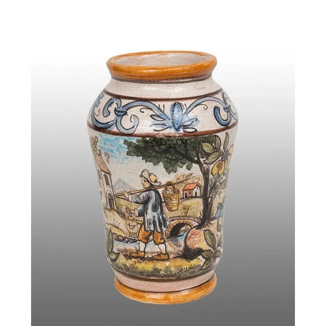 Ancient Vase in Enameled Majolica Depicting Peasant Scene, Early 20th Century For Sale - Image 5 of 5