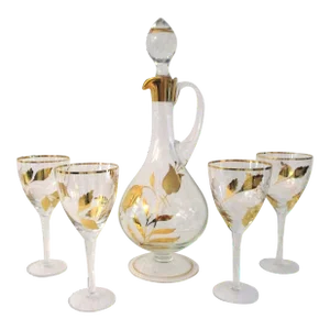 Mid-Century Hungarian 22k Crystal Floral Decanter and Glasses, 5 Pcs