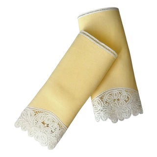 Vintage Canary Yellow Linen Guest Towels with Filet Lace Fingertip Towels, Colored European Trousseau Linen - a Pair For Sale