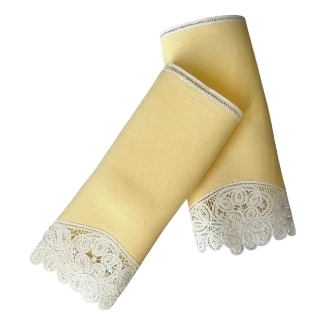 Vintage Canary Yellow Linen Guest Towels with Filet Lace Fingertip Towels, Colored European Trousseau Linen - a Pair For Sale