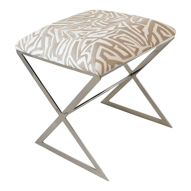 Matthew Izzo Home - X Side Stool in Beige Geometric Upholstery and Polished Silver Base For Sale