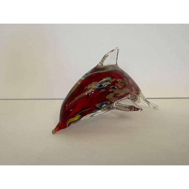 Mid-Century Modern Vintage Red and Gold Dolphin Murano Style Hand Blown Glass Sculpture For Sale - Image 3 of 6