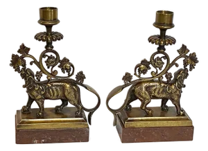Pair Continental Gothic Revival Bronze and Marble Lion-Form Candlesticks