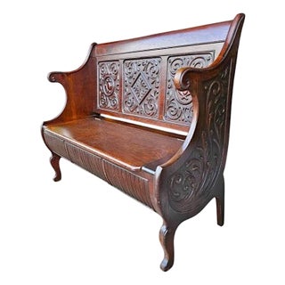 19th Century Antique Ornate Hand Carved Oak Bench With Lift Storage Seat & Armrests For Sale