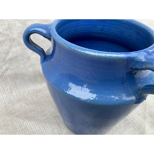 Arts & Crafts Vintage Blue Three Handle Pottery Jar Vase For Sale - Image 3 of 16