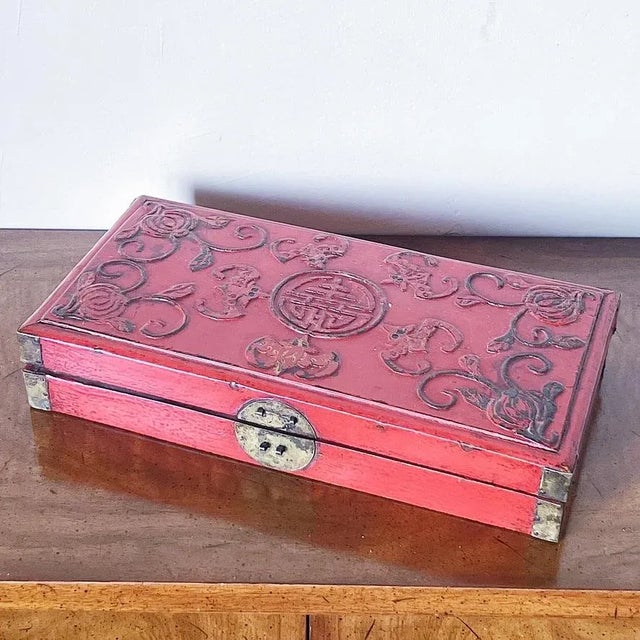 Red Antique Chinese Red Lacquer Box With Traditional Floral and Bat Motif in Relief and Brass Corners For Sale - Image 8 of 8