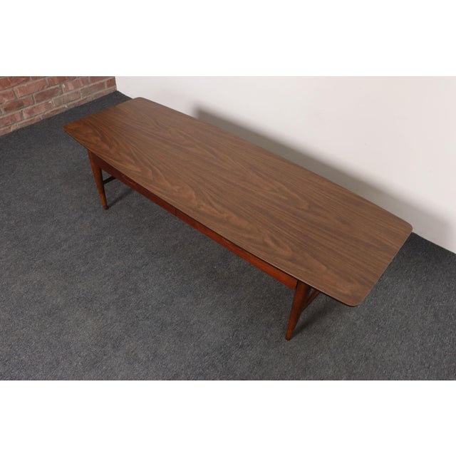 Mid-Century Modern Surfboard-Form Laminate and Walnut Coffee Table With Drawer by Lane For Sale - Image 9 of 18