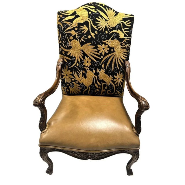 Gold Late 20th Century Empress Carlota' Louis XV Large Fauteuil - Carved Walnut Reupholstered With Otomi Hand Embroidery and Leather For Sale - Image 8 of 13