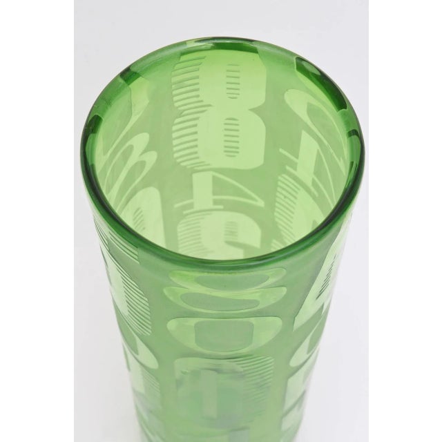 Vintage Frosted and Etched Numbered Light Green Glass Vases Graduated Sizes Set of 3 For Sale - Image 10 of 11