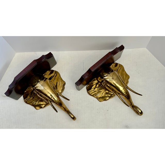 Mid 20th Century Pair Hollywood Regency Style Elephant Head Motif Brass Wall Brackets For Sale - Image 4 of 14