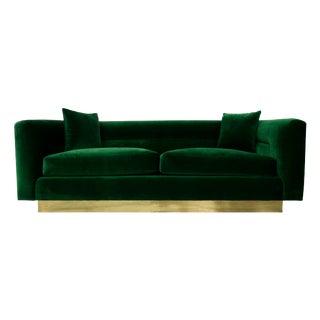Petite Mid Century Velvet Sofa With Brass Base For Sale
