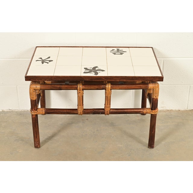 Mid-Century Modern John Wisner for Ficks Reed Mid-Century Hollywood Regency Bamboo Rattan Tile Top Side Table, 1950s For Sale - Image 3 of 11