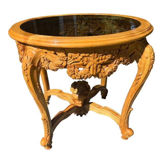 French Provincial/ Italian Baroque Hand Carved Teak Center Table For Sale