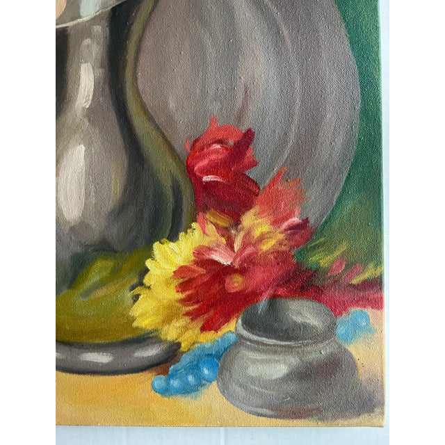 1970s' Vintage Still Life Painting of a Pitcher and Colorful Flowers For Sale - Image 4 of 10