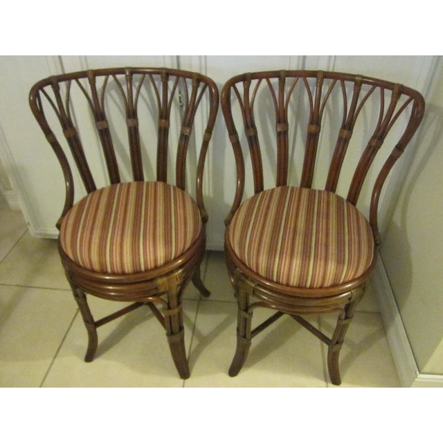 1980s Tommy Bahama Style Bamboo Rattan Upholstered Swivel Bar Stools- Set of 2 For Sale - Image 9 of 13