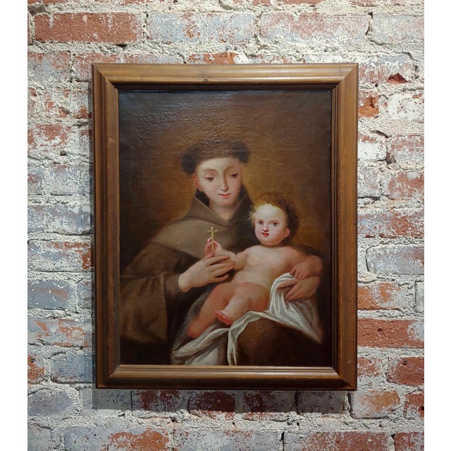 Textile 17th Century Italian Oil Painting Saint Francis d'Assisi With the Christ Child For Sale - Image 7 of 7