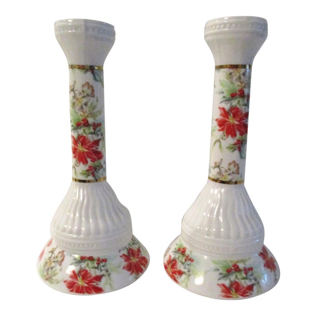 Mid-Century Porcelain Poinsettia & Holly Candle Holders, a Pair For Sale