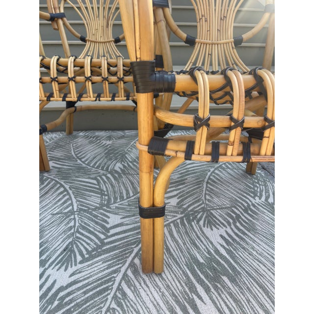 Wood Set of 4 Beautiful Coastal Rattan Arm Chairs With Leather Accent For Sale - Image 7 of 11