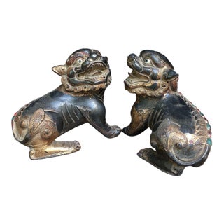 Pair of Antique Gilt Bronze Guardian Lions – 4.3" Foo Dogs With Stone Inlay For Sale