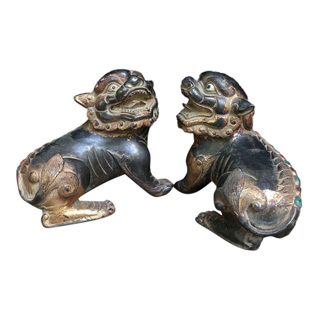 Pair of Antique Gilt Bronze Guardian Lions – 4.3" Foo Dogs With Stone Inlay For Sale